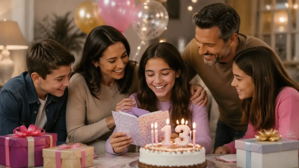 Family celebrating heartfelt 13th birthday wishes with a teenager, birthday cake, gifts, and joyful memories