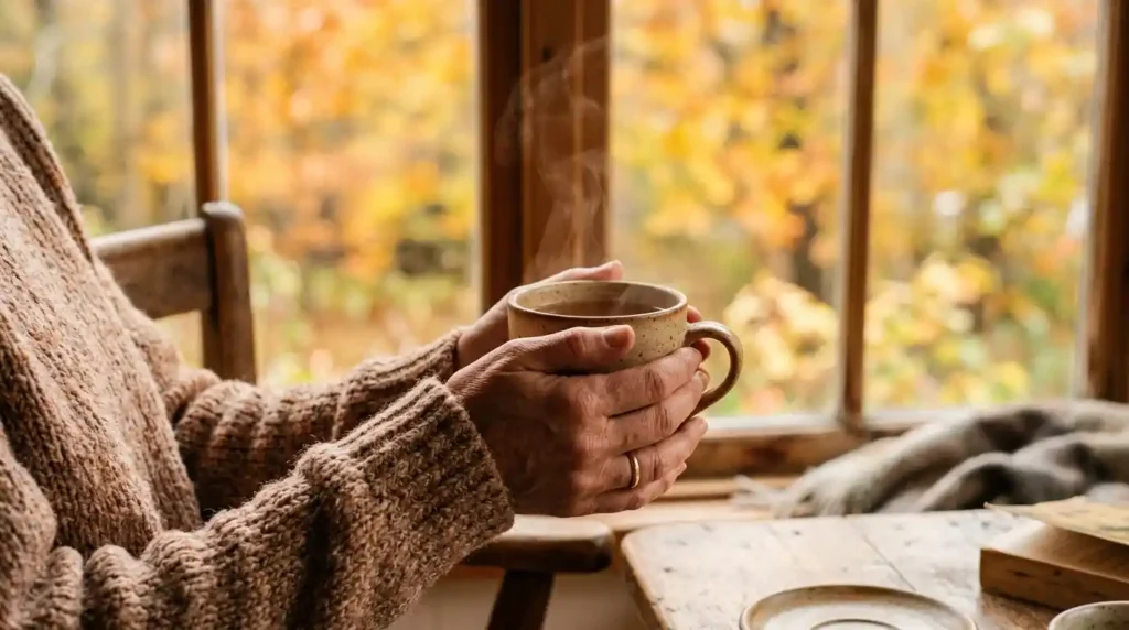 Hands holding a warm mug in soft autumn light