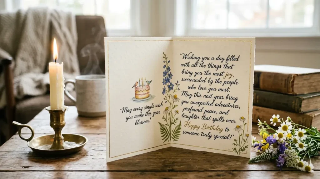 Birthday cake with lit candles next to a handwritten card on a table.