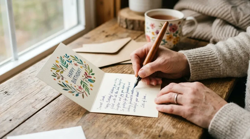 Close-up of hands writing a birthday message inside a greeting card.