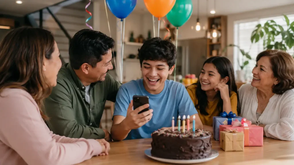 Son reading funny birthday wishes from his family on a smartphone.