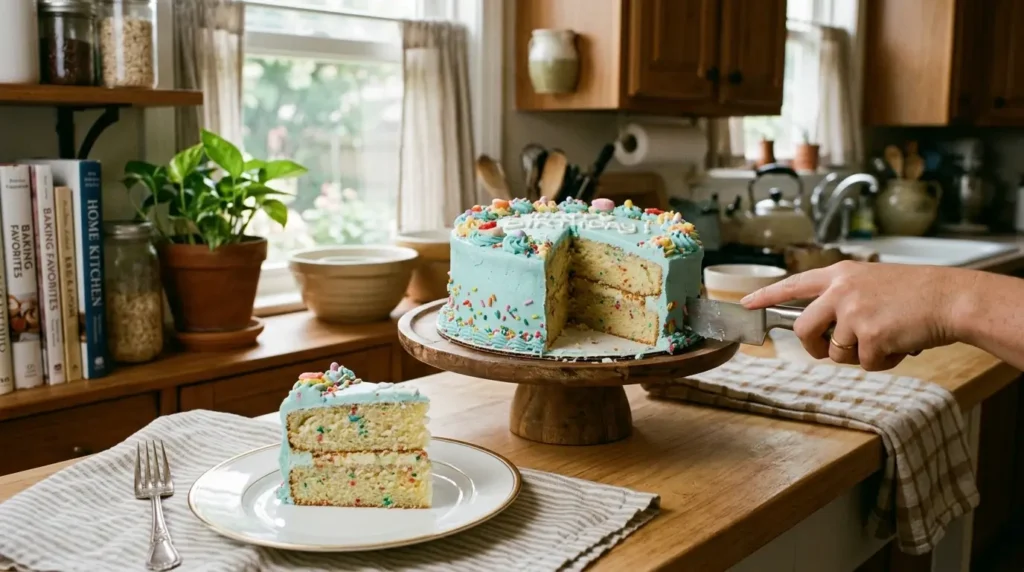 Hand cutting a slice from a frosted birthday cake