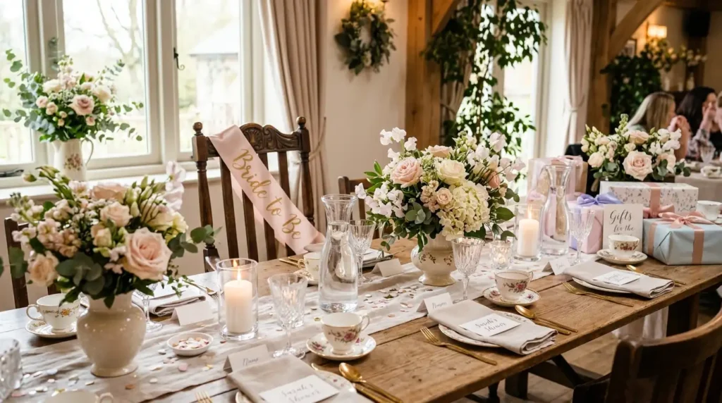 Elegant bridal shower table with flowers, gifts, candles, and bride-to-be décor.