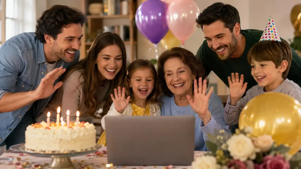Family sending long-distance happy birthday wishes to Grandma