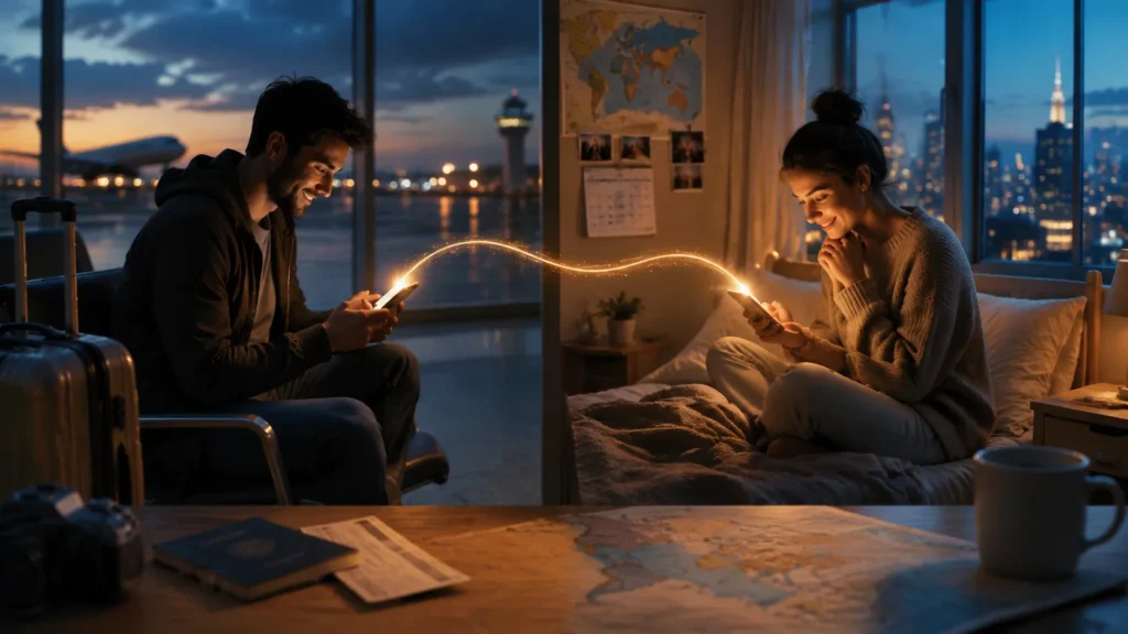 Two people in different cities staying emotionally connected through their phones.