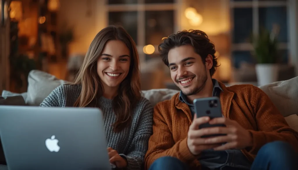 Long-distance couple staying emotionally connected through video calls and loving relationship messages.