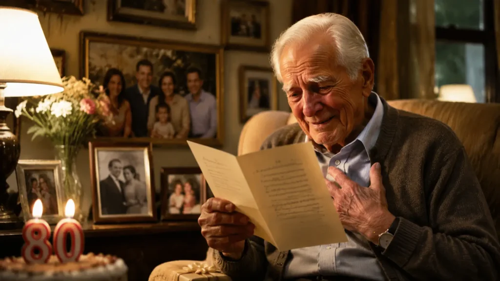 Long emotional 80th birthday message being read by an elderly loved one