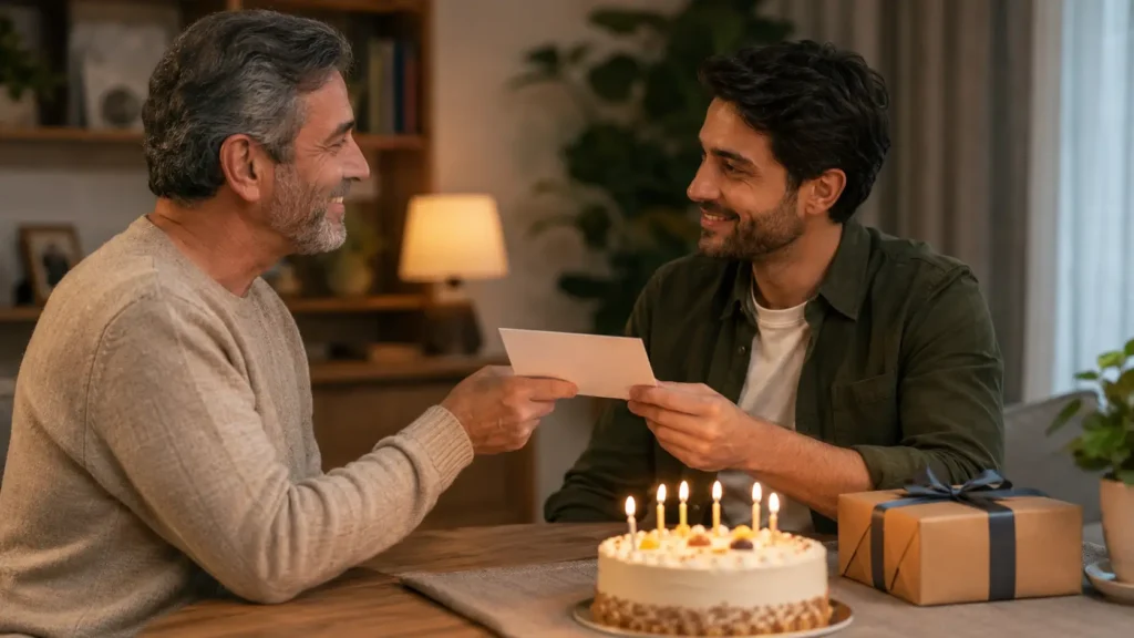 Father giving meaningful birthday wishes to his grown son.