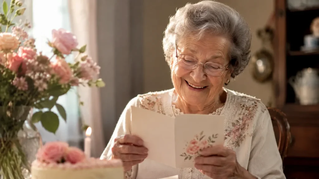 Grandmother reading a loving handwritten birthday message