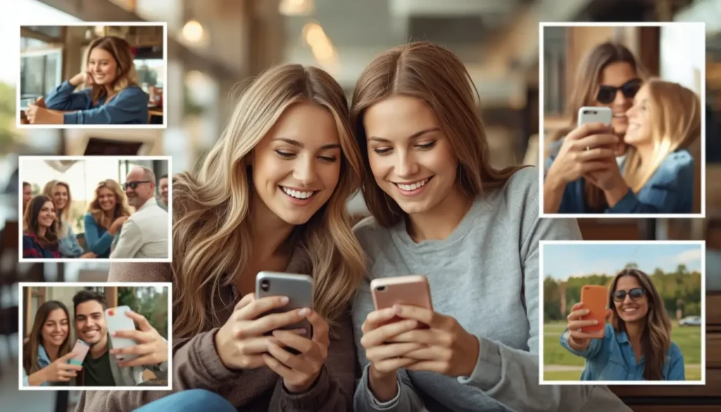 Close friends looking at shared photos and missing the happy moments they spent together.