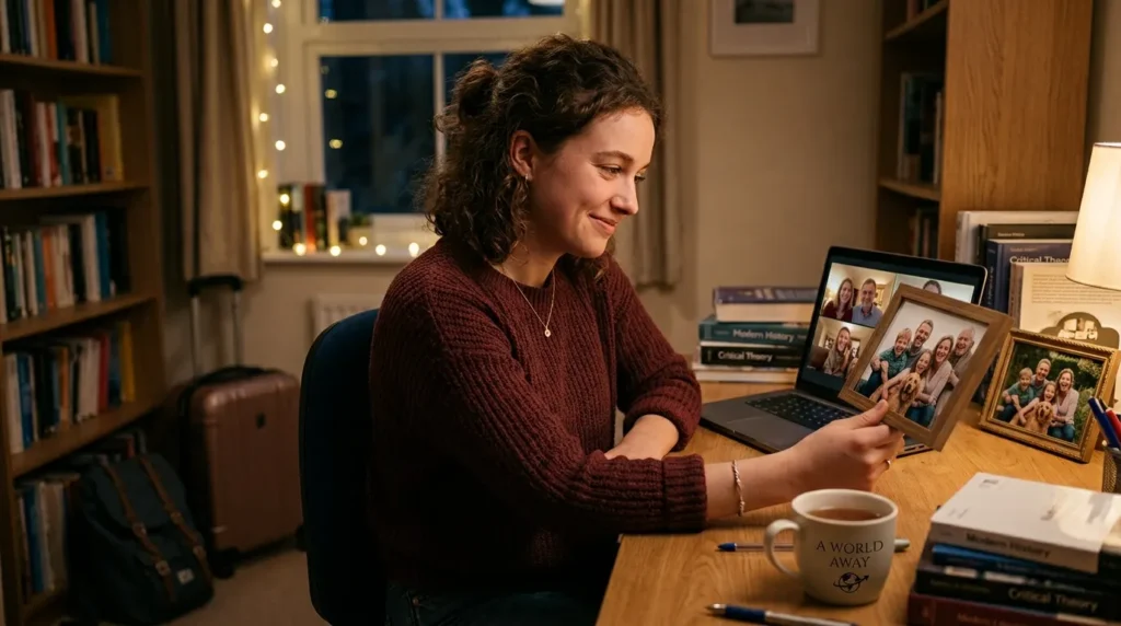 Young person away from home video calling family while looking at a family photograph.