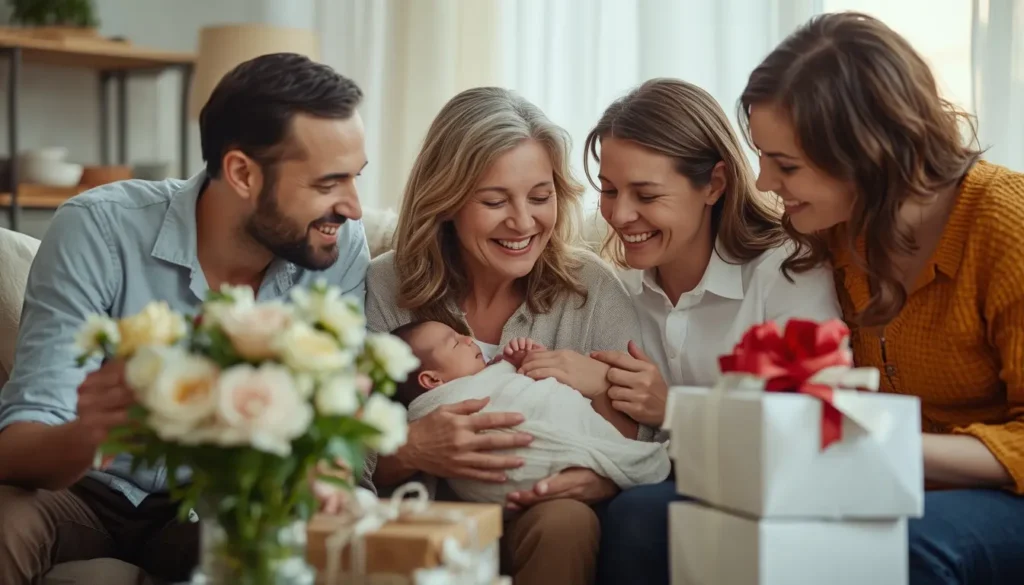 Happy family and grandparents welcoming a newborn baby during a warm home celebration.