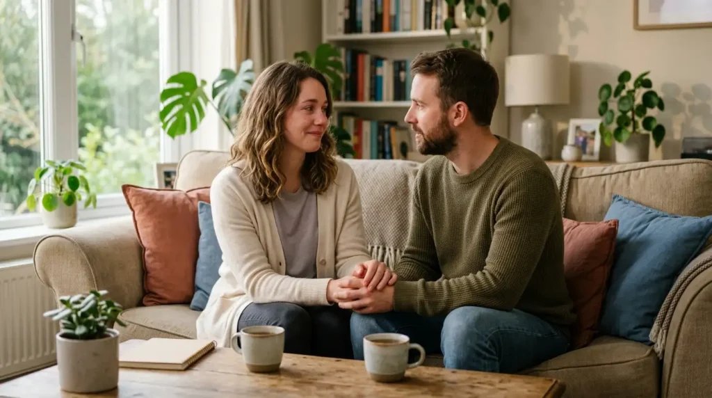 Couple reconnecting after an argument showing forgiveness and understanding through relationship messages.