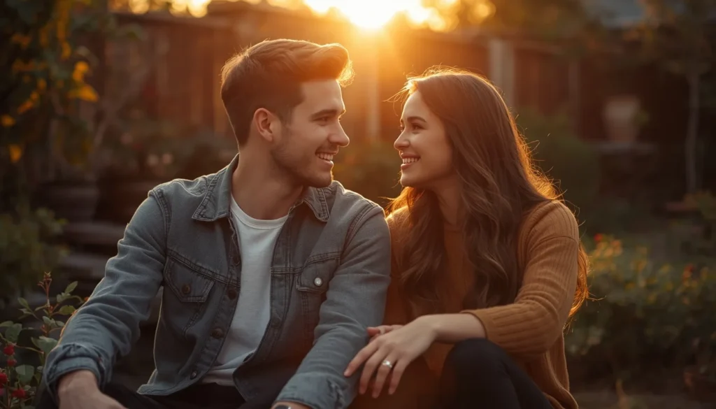 Happy couple sharing a meaningful conversation representing heartfelt relationship messages for her and him.