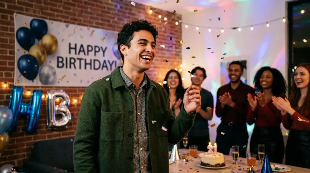 Young man enjoying his birthday celebration with friends and balloons