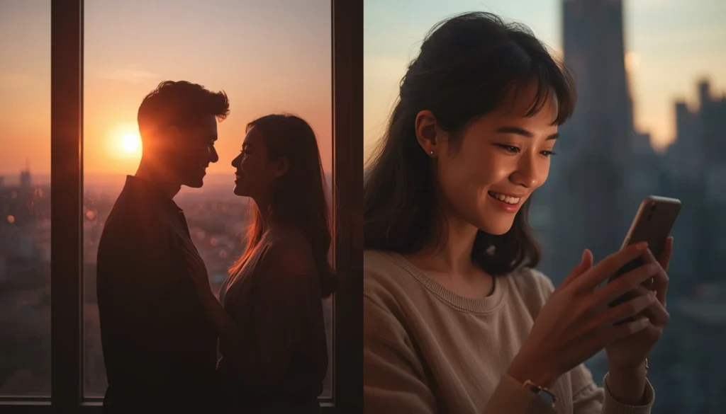 Long-distance couple smiling during a video call because they miss each other.