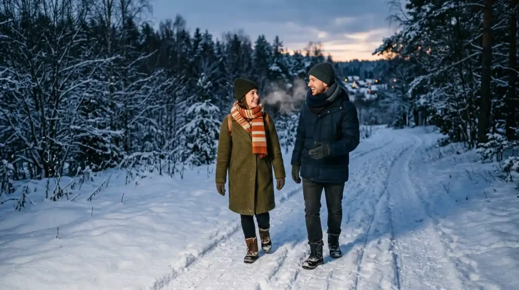 Couple walking together on a snowy path at dusk.