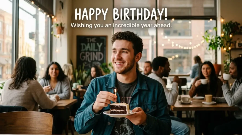 Festive birthday celebration with a smiling young man and colorful decorations
