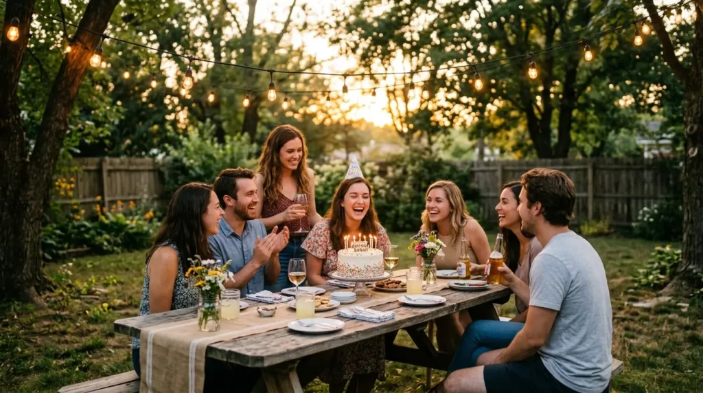 Birthday cake on a picnic table at an outdoor celebration