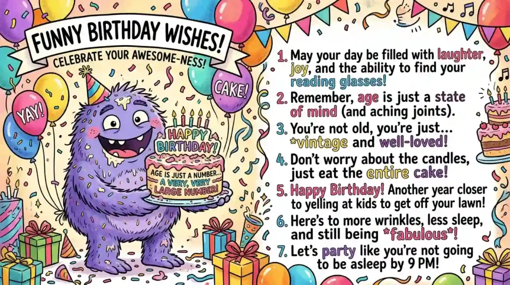 Office birthday celebration with coworkers, cake, balloons, and cheerful smiles, representing short funny birthday wishes for a colleague.