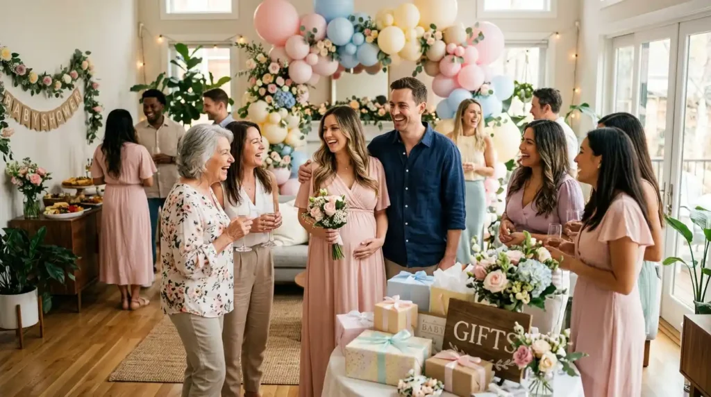 Baby shower wishes celebration with happy expecting parents and family gathering