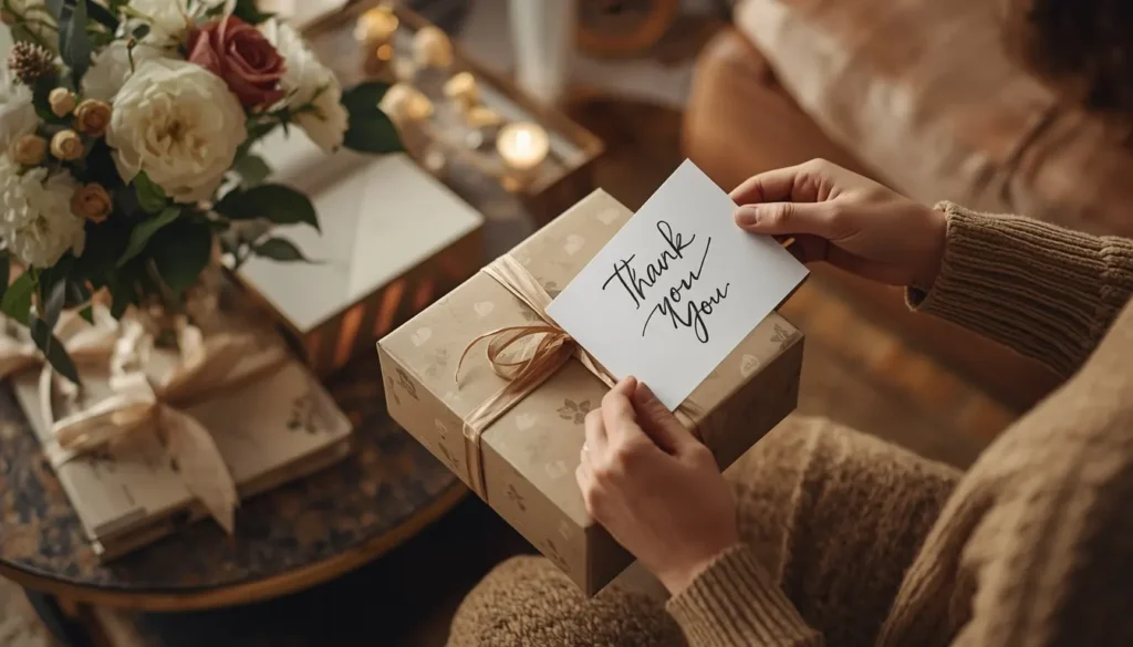 Person writing a thank you card beside a wrapped gift and flowers showing appreciation and gratitude.