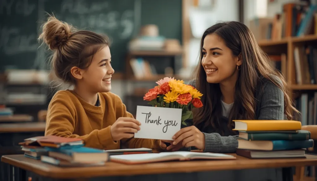 Student giving a thank you card and flowers to a teacher showing appreciation and gratitude.