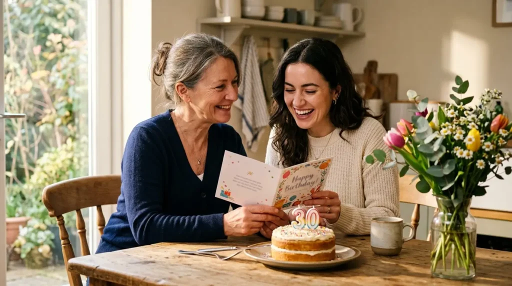 Daughter sharing a heartfelt birthday card with her mother.