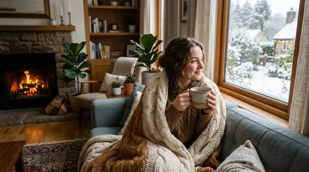 Person wrapped in a blanket holding a warm drink by a snowy window.
