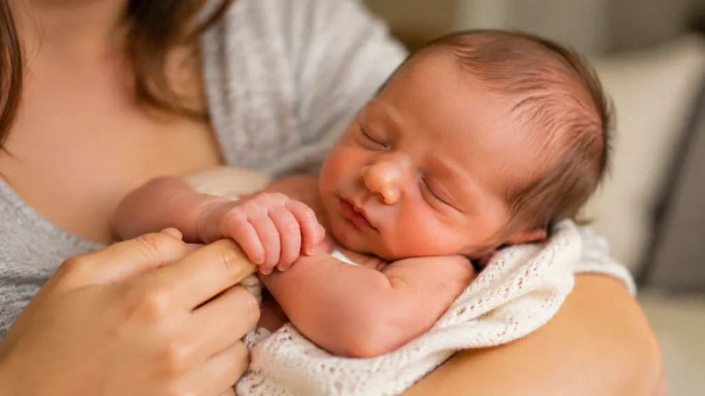 Sleeping newborn baby holding a parent’s finger in a warm and peaceful family moment.