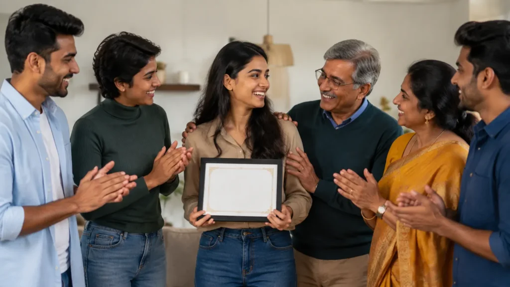 Person celebrating a major achievement while holding an award certificate with supportive people around them