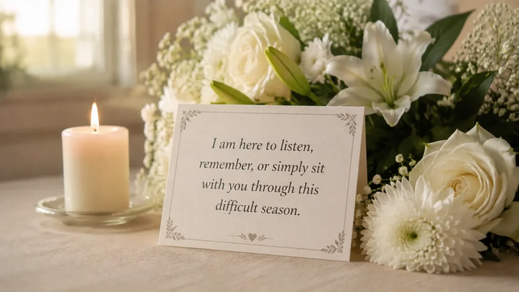 Sympathy card and flowers representing caring thinking of you messages during loss.