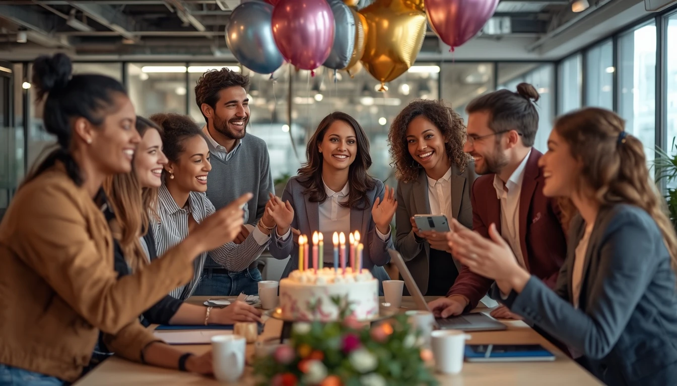 Birthday wishes for a colleague with coworkers celebrating a professional office birthday event
