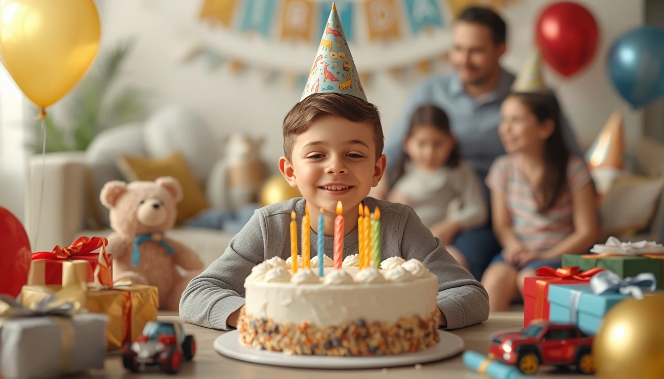 Happy little boy celebrating birthday with cake, balloons, and gifts