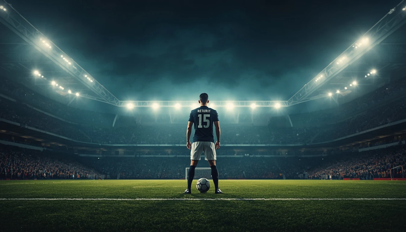 Inspirational football quotes featured image showing a football player standing on a stadium pitch with a ball under dramatic lights