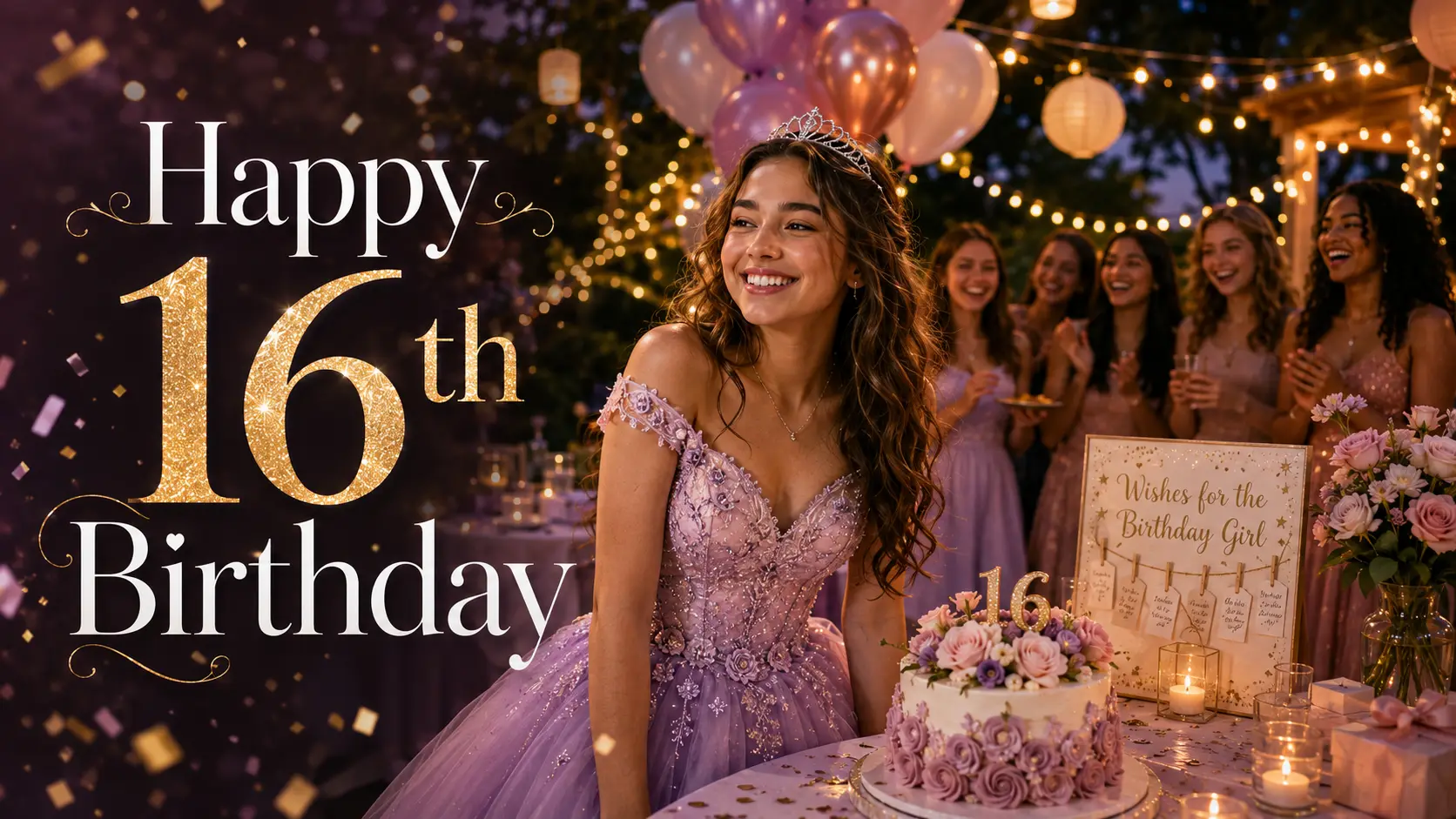 Happy 16th birthday celebration with a smiling birthday girl, cake, balloons, friends, and Sweet 16 party lights