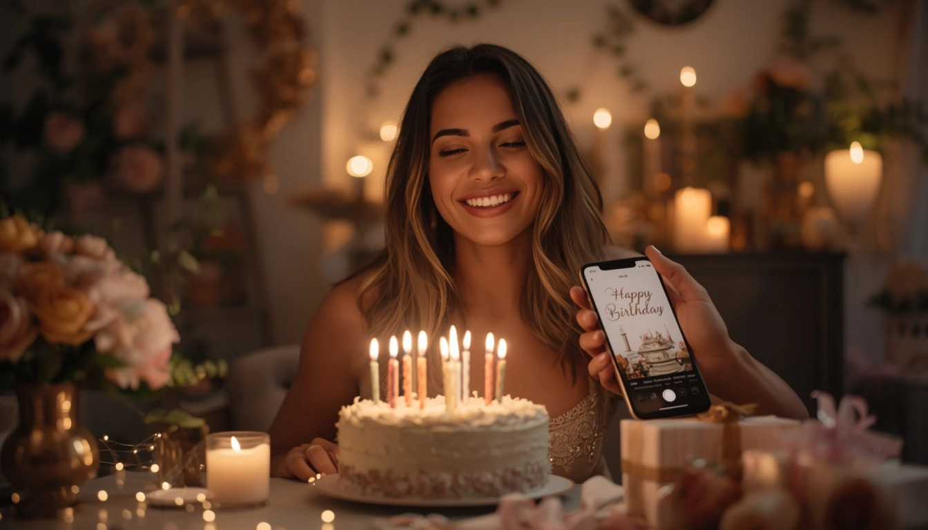 Happy birthday wishes for her with a woman celebrating her birthday with a greeting card, flowers, gifts, and heartfelt messages
