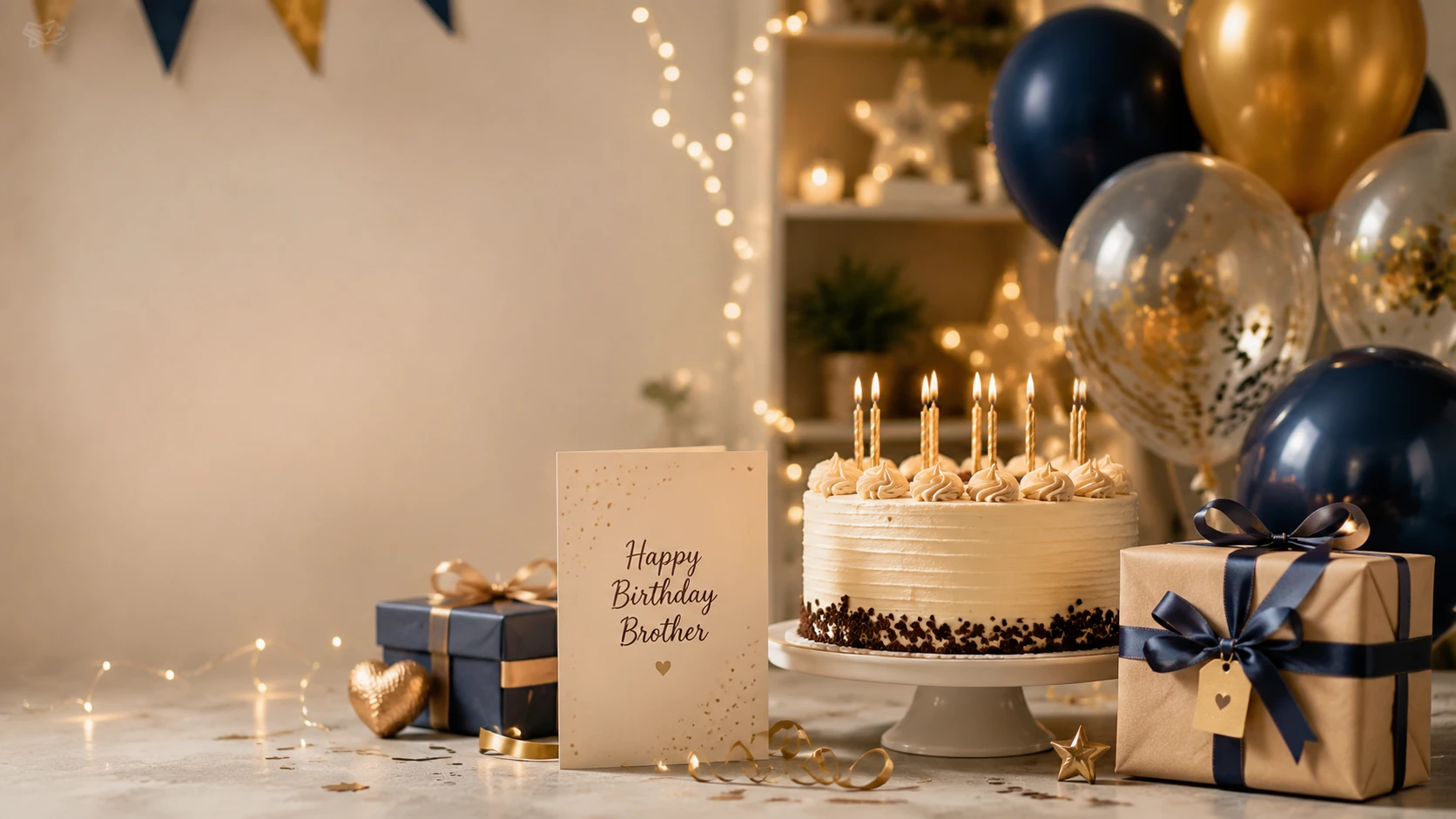 Heartfelt brother birthday celebration with cake, gifts, balloons, and card