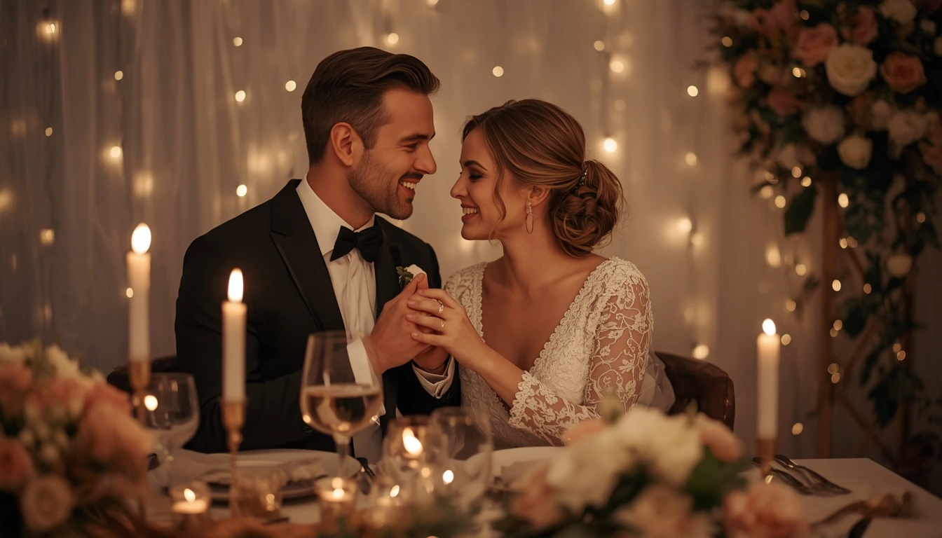 Happy married couple celebrating their wedding anniversary with love, flowers, and romantic decorations