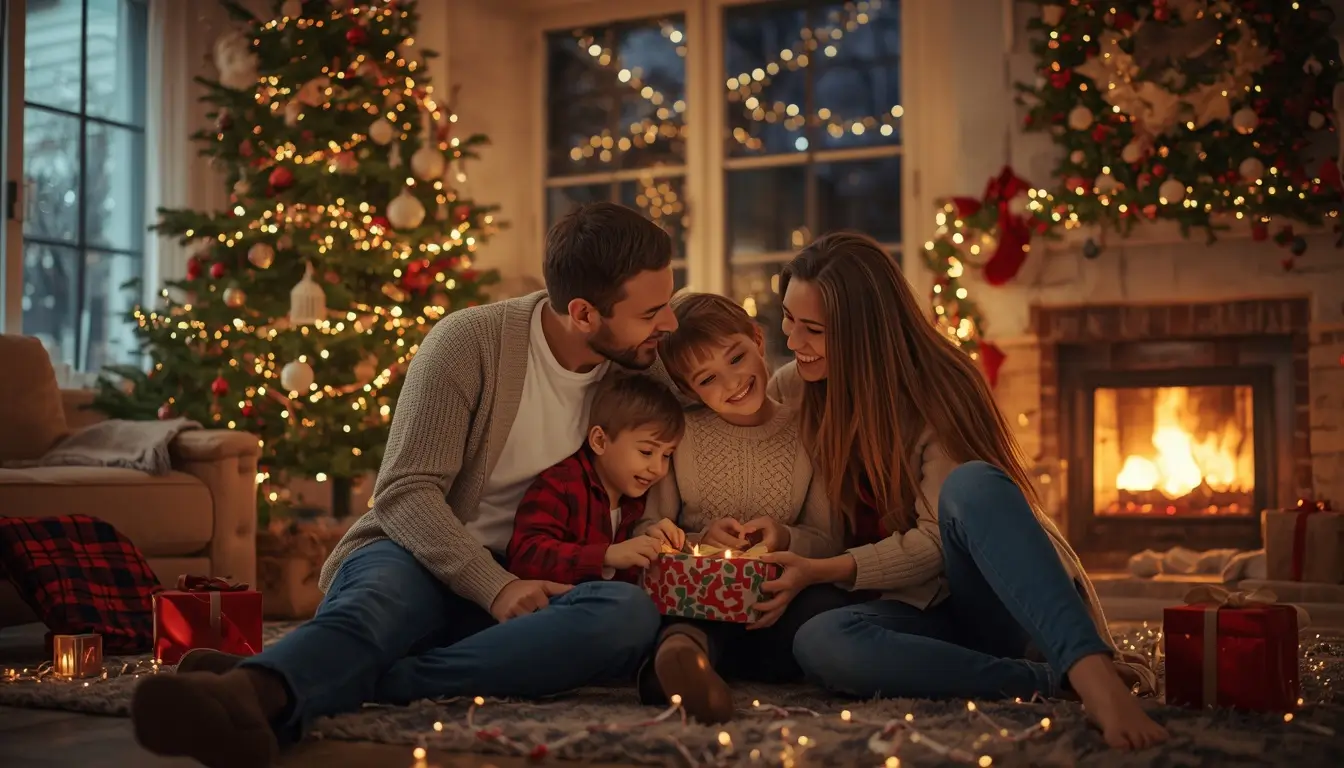Merry Christmas wishes and heartfelt holiday greetings with family celebrating the Christmas season together