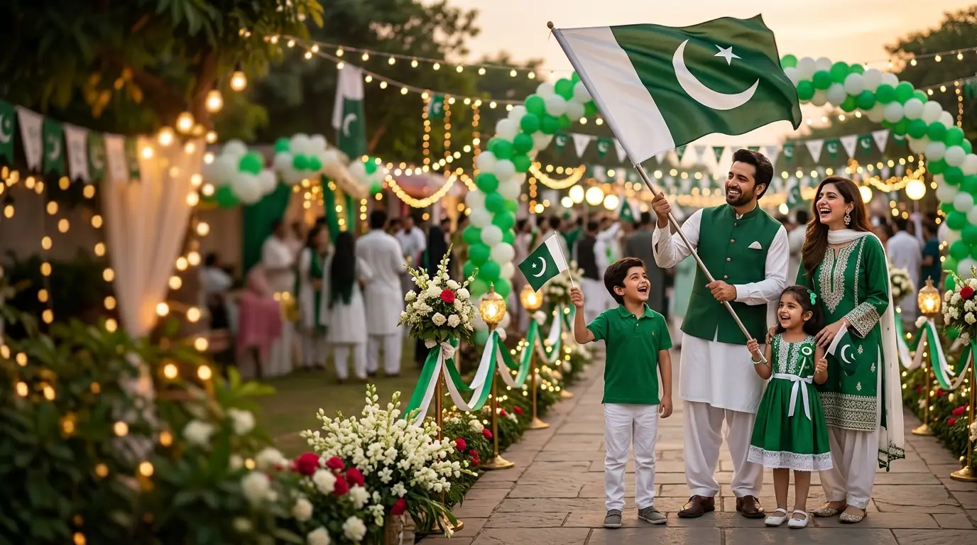Pakistan Independence Day Wishes 2026 celebration with Pakistani family holding national flag