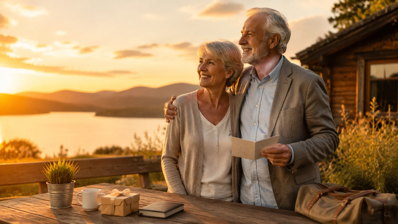 Happy retired couple celebrating retirement with a farewell card and gift during a golden sunset