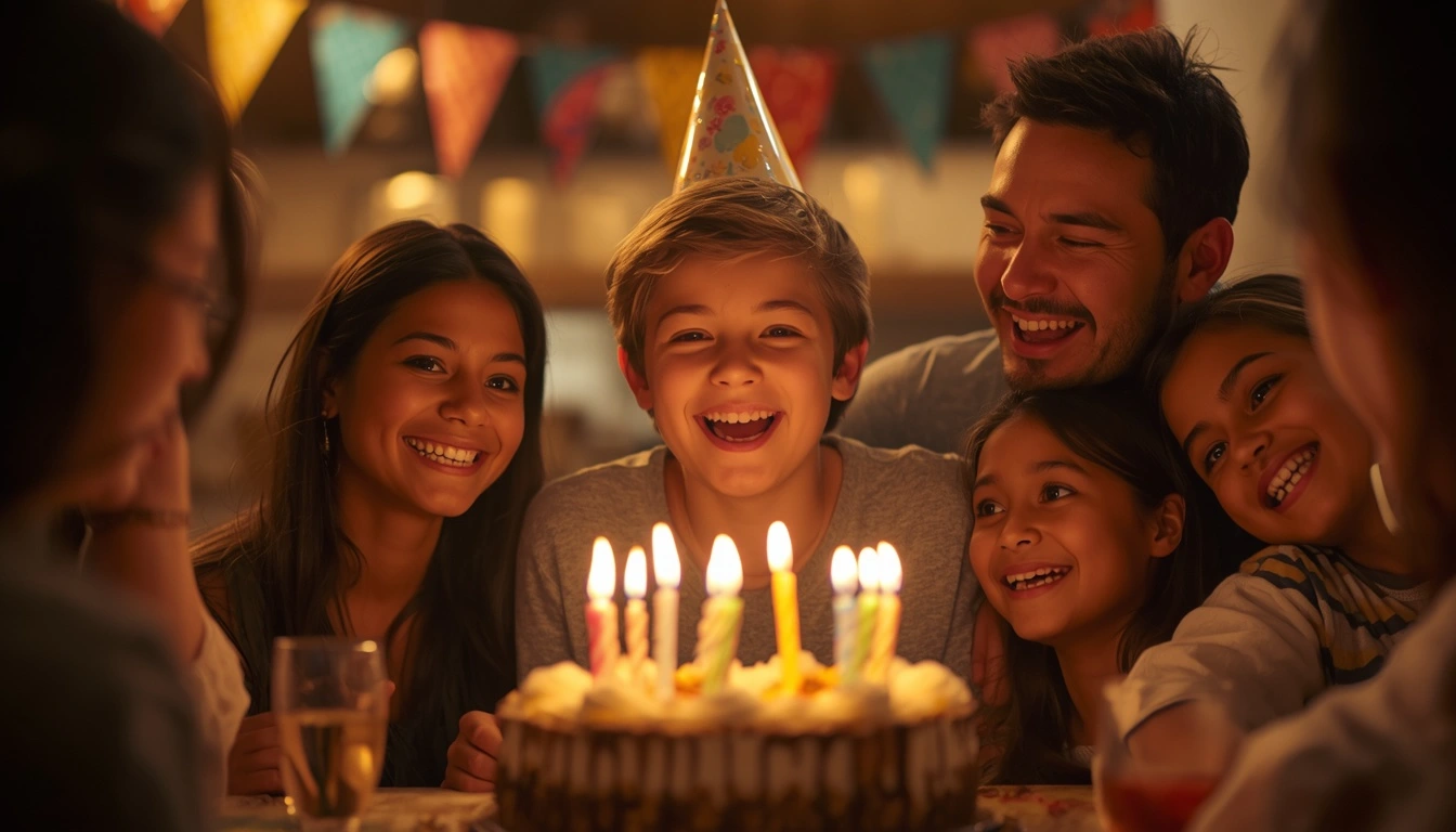 Teenager celebrating a 13th birthday with family and friends while enjoying cake and birthday wishes