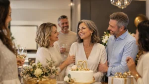 A joyful 50th birthday celebration with family and friends, cake, decorations, and meaningful moments.