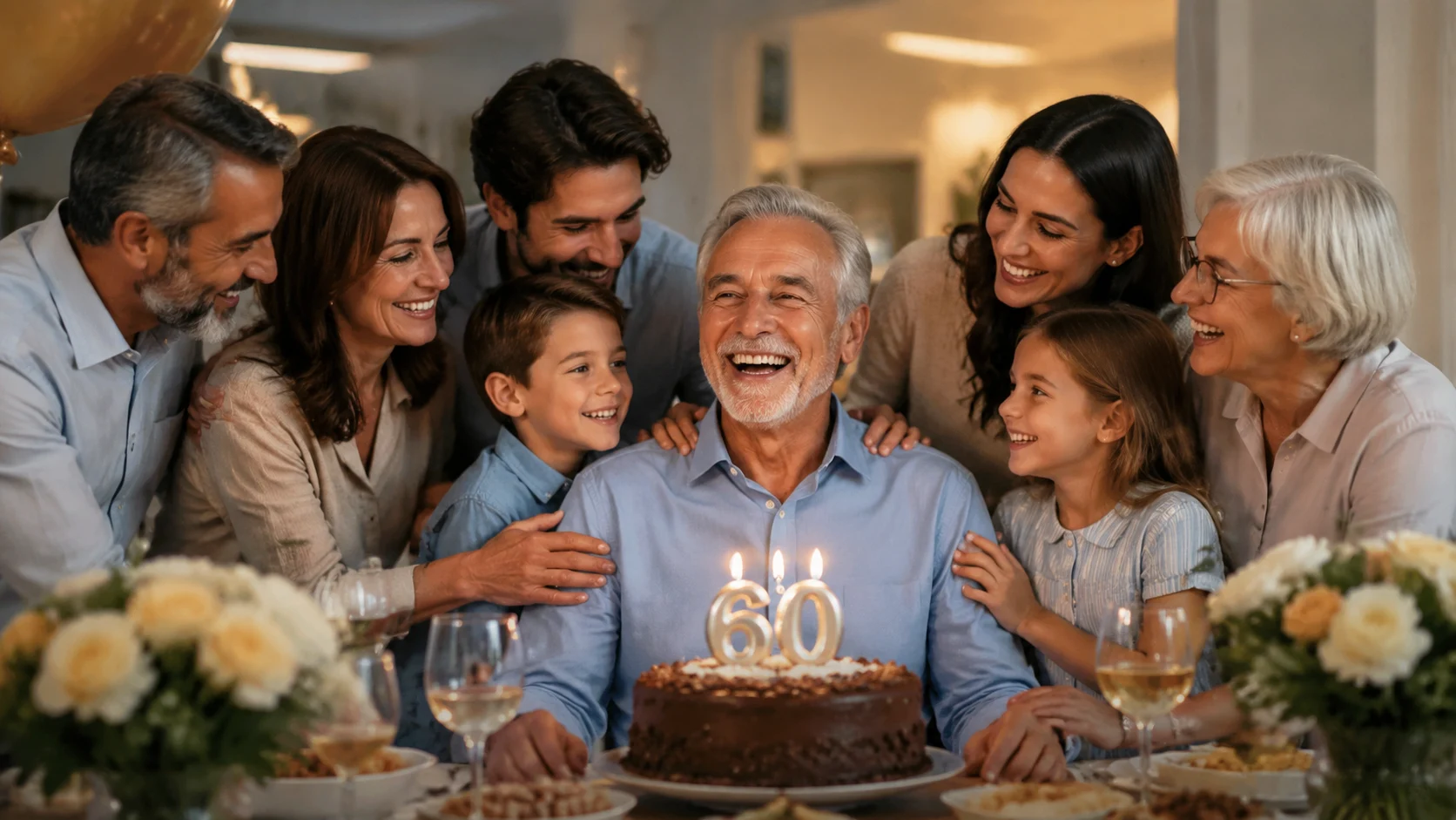 A happy 60-year-old person celebrating a milestone birthday with family and friends around a decorated birthday table.
