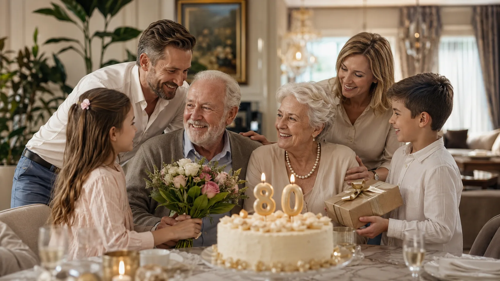 80th birthday wishes celebration with an elderly person surrounded by loving family members
