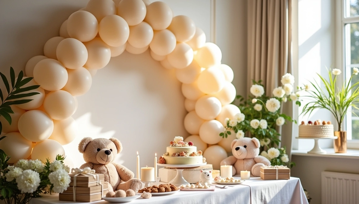 Baby shower wishes celebration with pastel decorations, gifts, teddy bear, and flowers