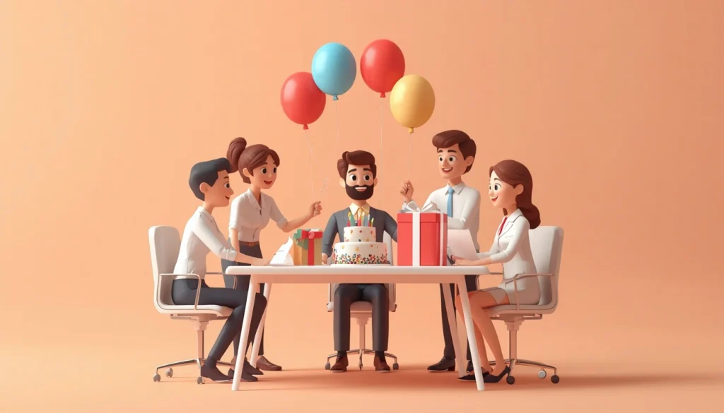 Coworkers celebrating a belated birthday surprise in a modern office