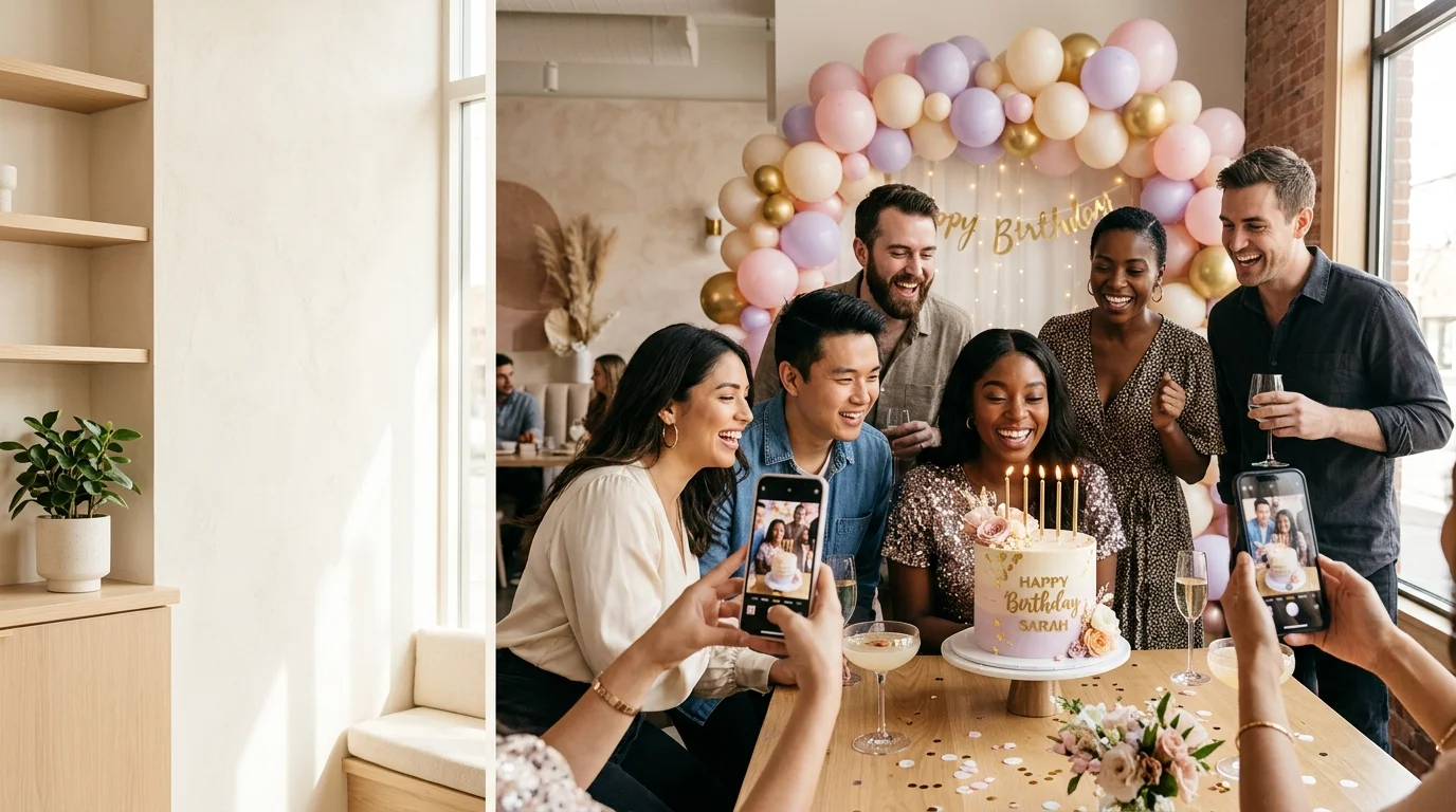 Friends taking photos while celebrating a birthday with cake, balloons and confetti for an Instagram birthday captions article.