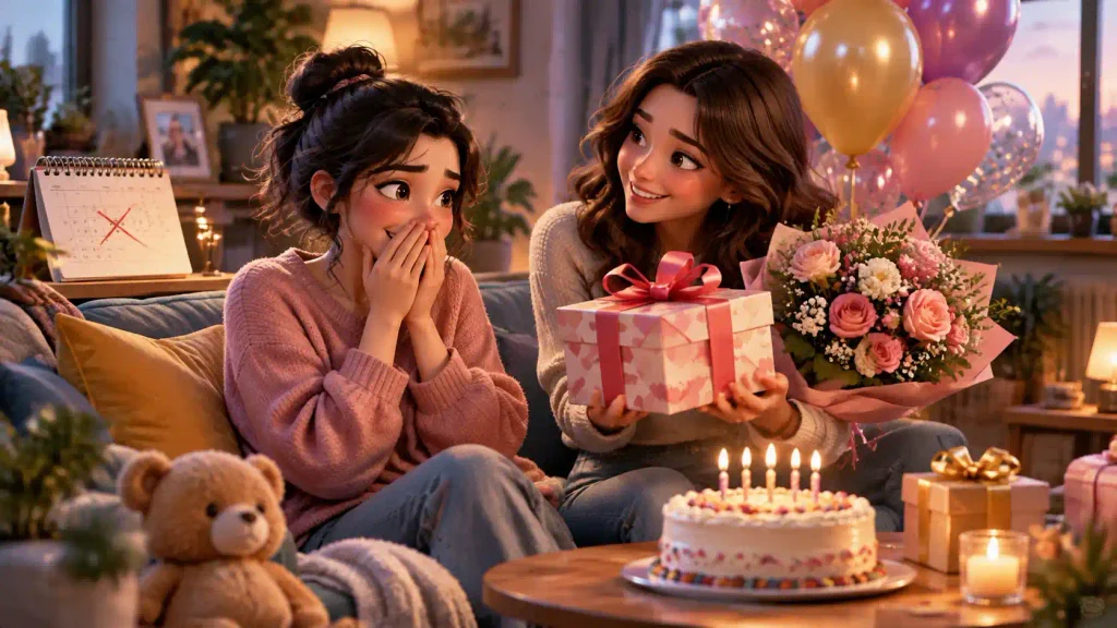 Best friend receiving a heartfelt belated birthday surprise with gifts and balloons